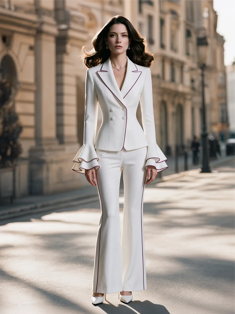 Elegant Contrast Piping Ruffle Sleeve Blazer & Flare Pants Suit Set sold by Mooyius product image thumbnail 2