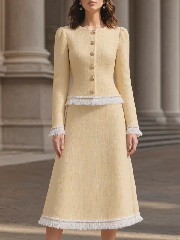 Tweed Fringe Trim Jacket & A-Line Midi Skirt Two-Piece Set made by Mooyius
