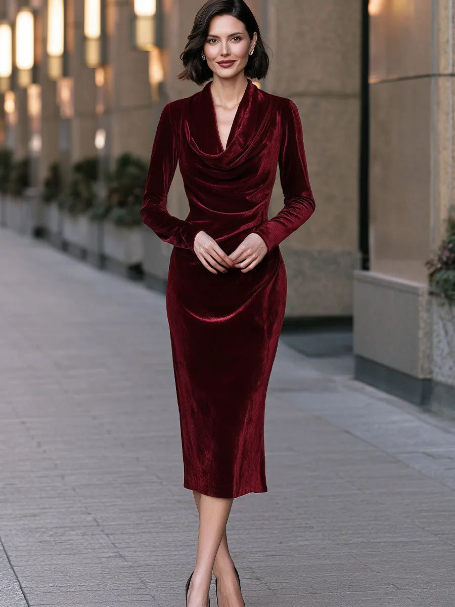 Draped Cowl Neck Velvet Long Sleeve Midi Dress sold by Mooyius product image thumbnail 2