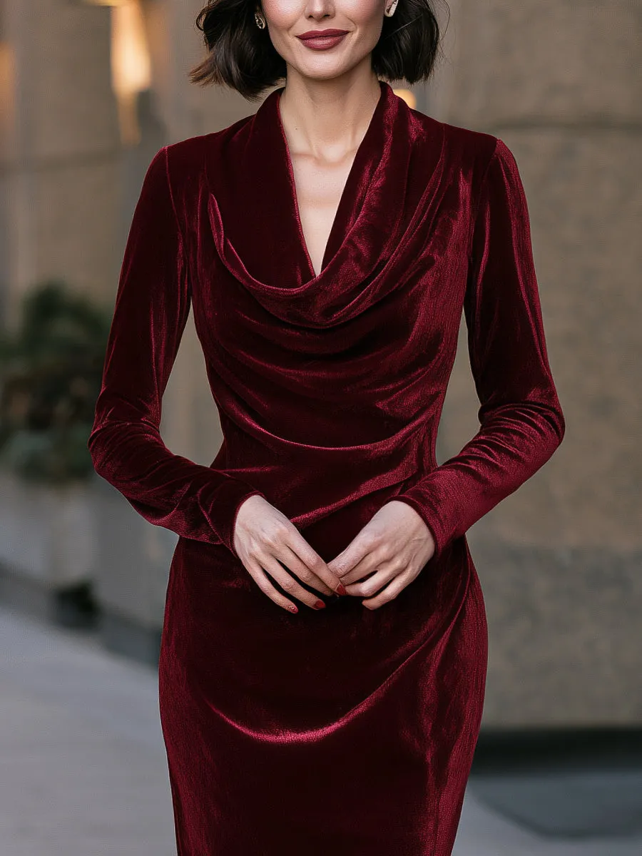 Draped Cowl Neck Velvet Long Sleeve Midi Dress sold by Mooyius product image thumbnail 3