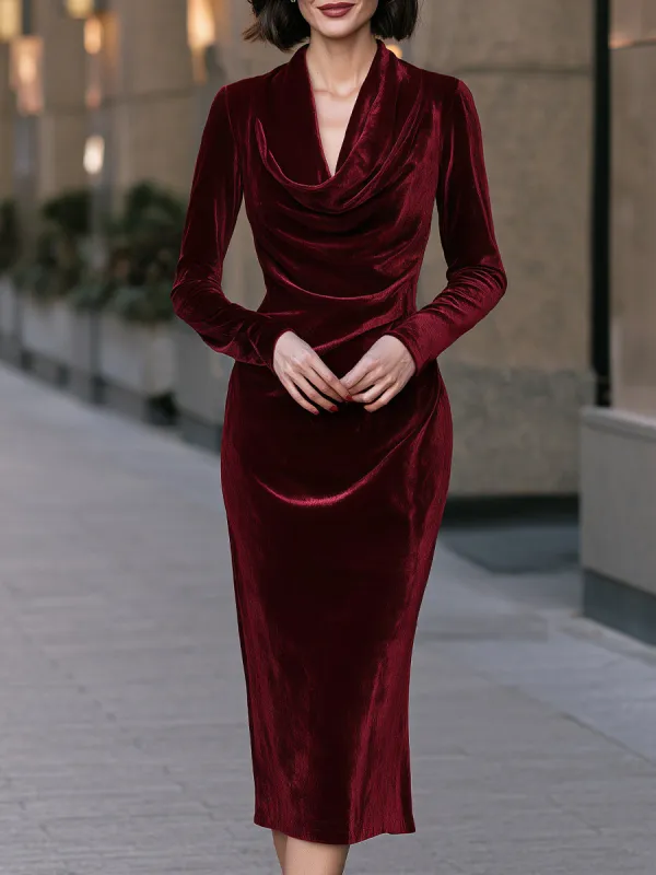 Draped Cowl Neck Velvet Long Sleeve Midi Dress made by Mooyius