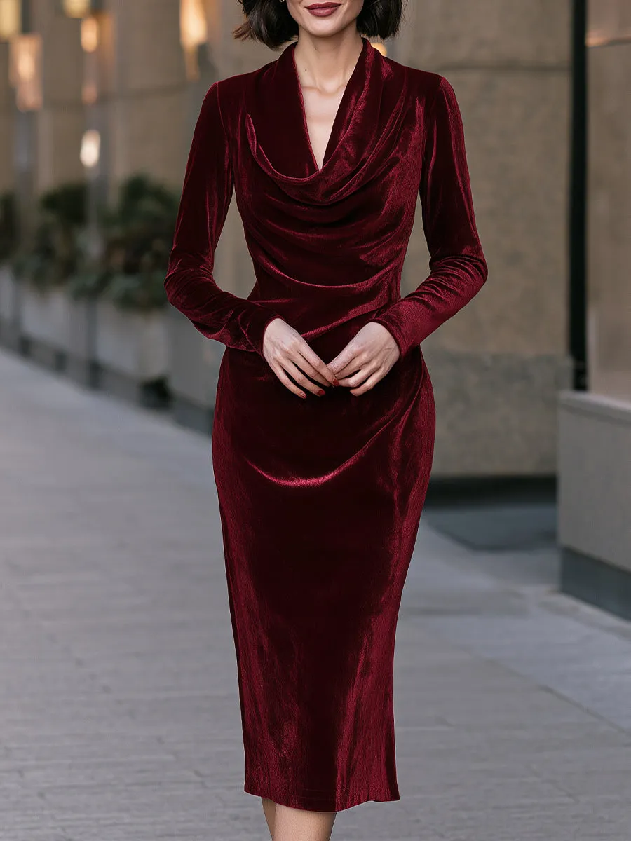 Draped Cowl Neck Velvet Long Sleeve Midi Dress sold by Mooyius