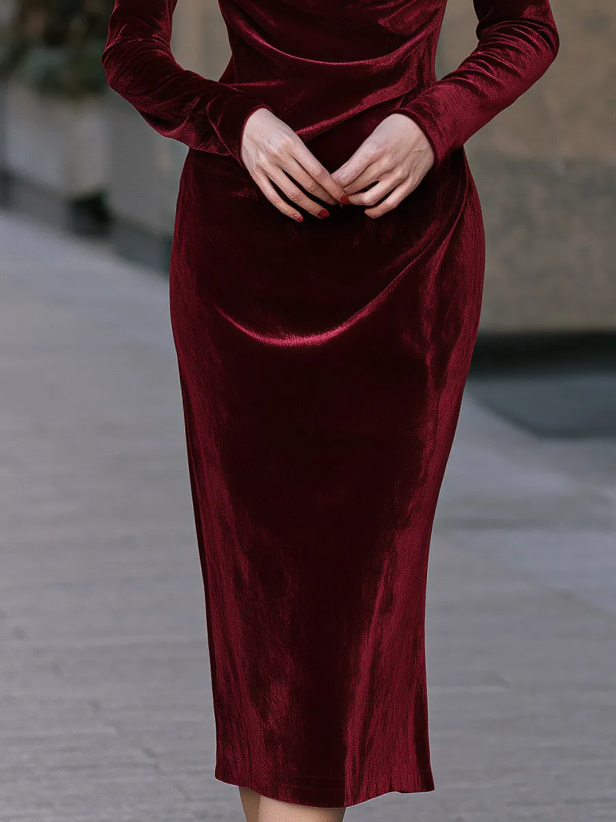 Draped Cowl Neck Velvet Long Sleeve Midi Dress sold by Mooyius product image thumbnail 4