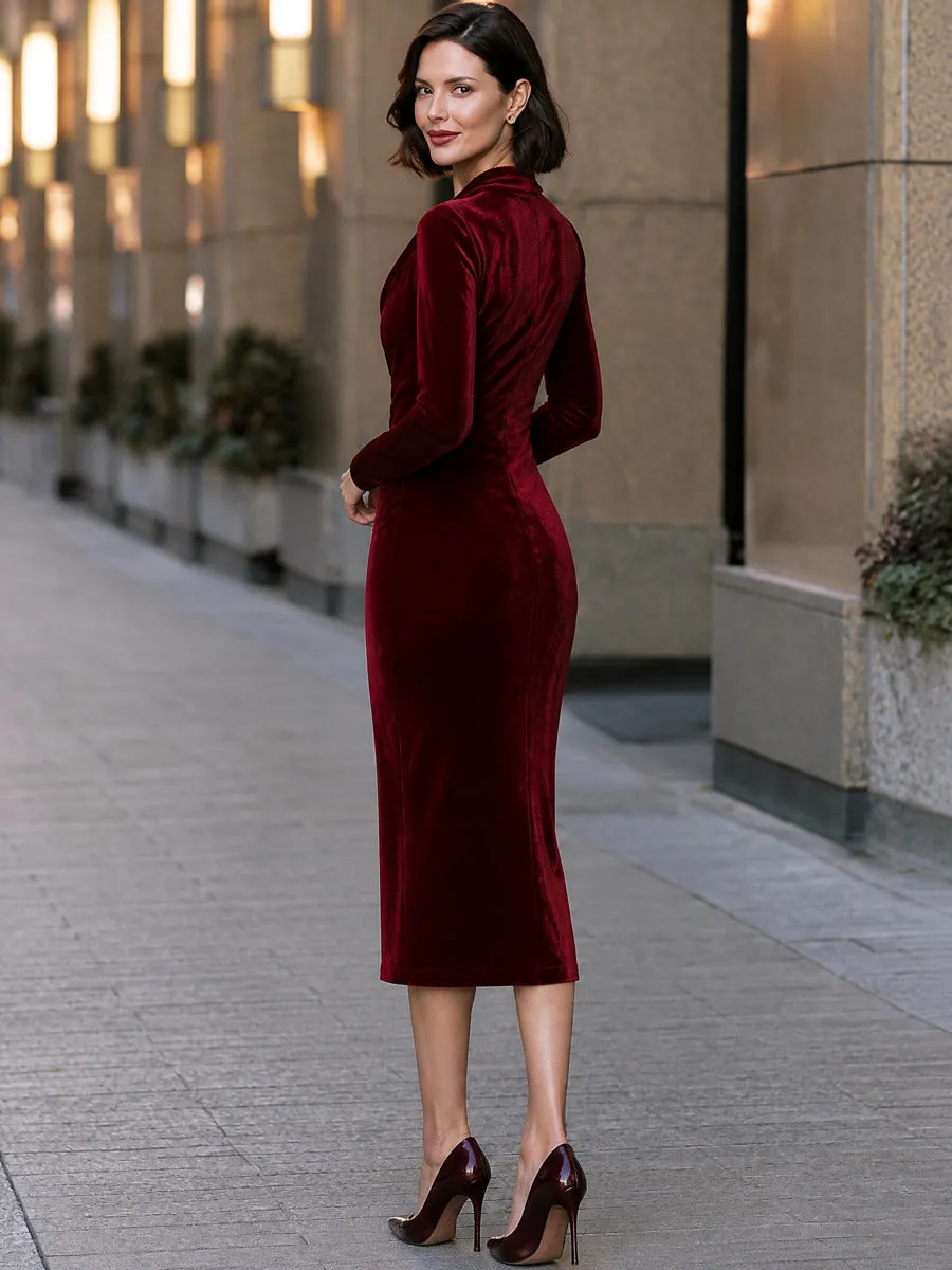 Draped Cowl Neck Velvet Long Sleeve Midi Dress sold by Mooyius product image thumbnail 5
