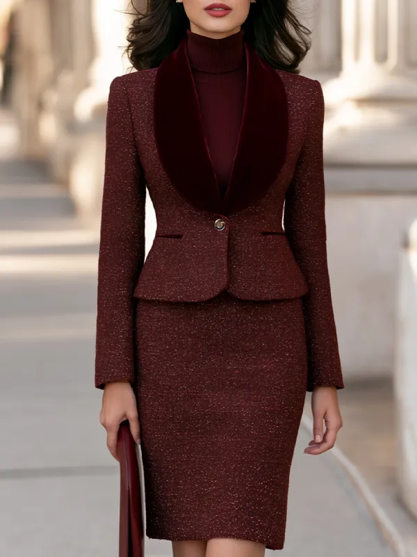 Velvet Shawl Collar Tweed Blazer And Skirt Set made by Mooyius