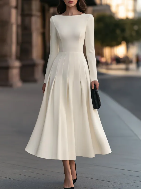 Boat Neck Long Sleeve Pleated A-Line Midi Dress made by Mooyius