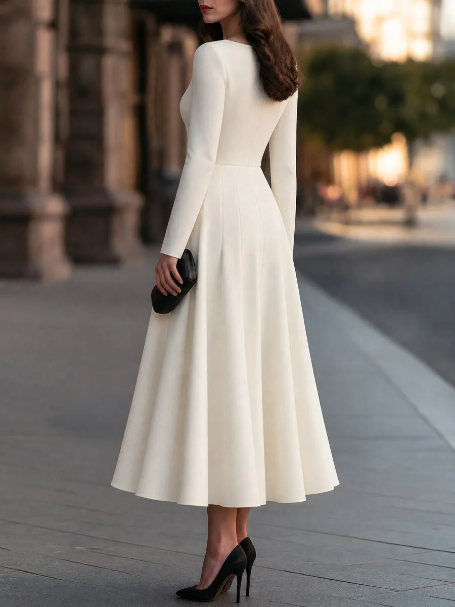 Boat Neck Long Sleeve Pleated A-Line Midi Dress sold by Mooyius product image thumbnail 4