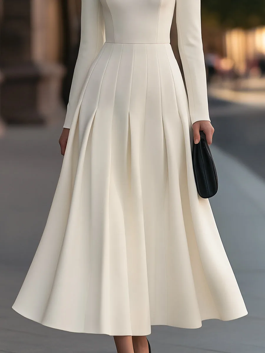 Boat Neck Long Sleeve Pleated A-Line Midi Dress sold by Mooyius product image thumbnail 3