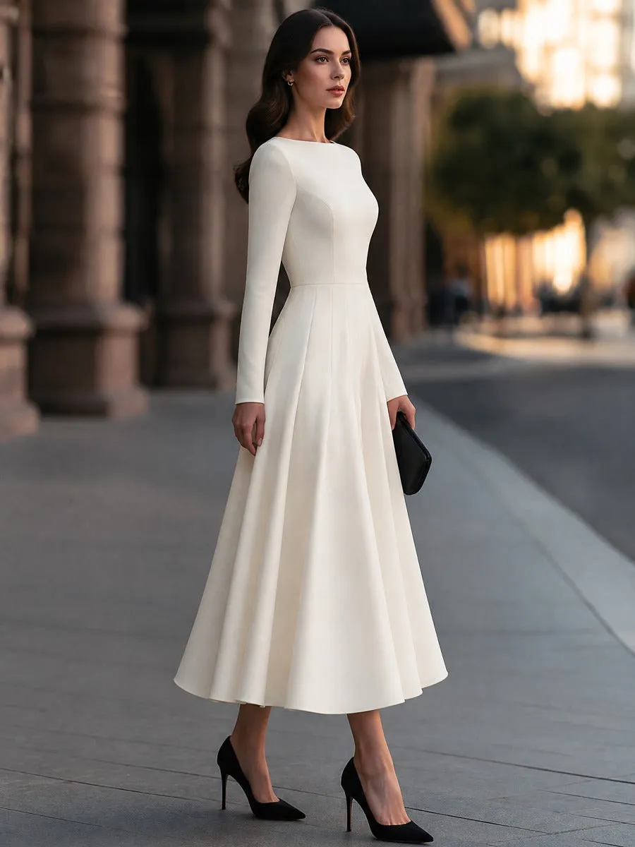 Boat Neck Long Sleeve Pleated A-Line Midi Dress sold by Mooyius product image thumbnail 5