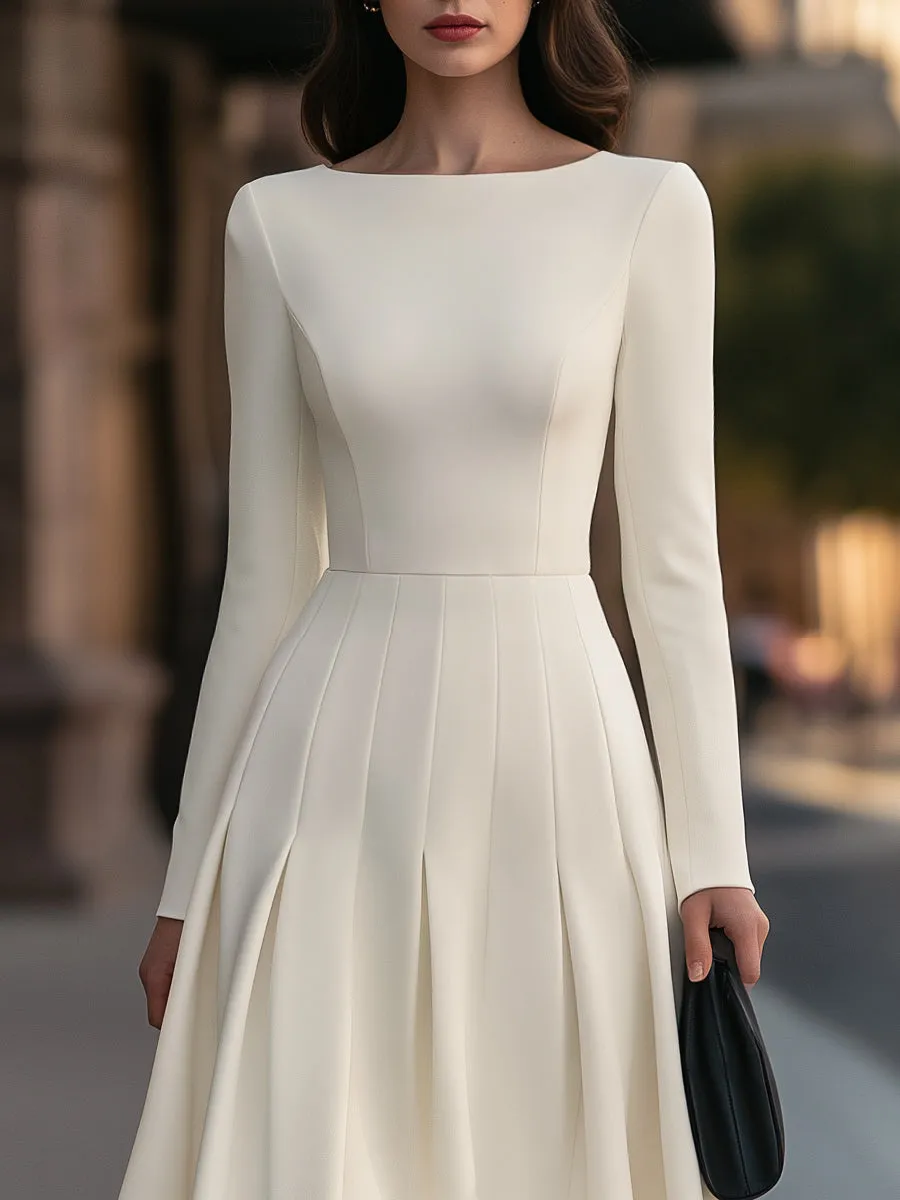 Boat Neck Long Sleeve Pleated A-Line Midi Dress sold by Mooyius product image thumbnail 2