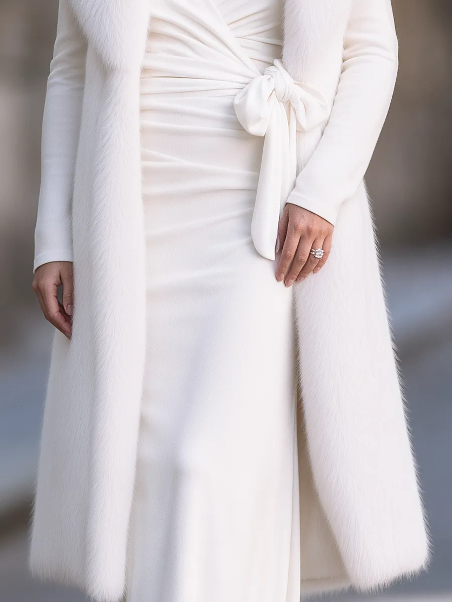 Ivory Faux Fur Longline Vest & Long Sleeve Wrap Midi Dress Two-Piece Set sold by Mooyius product image thumbnail 3