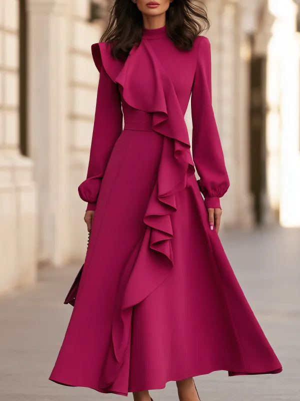 Elegant Ruffle Front Long Sleeve Maxi Dress made by Mooyius