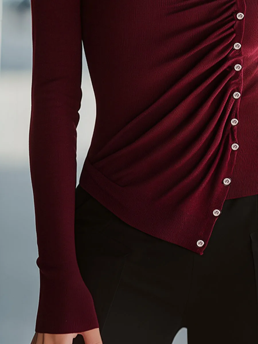 Asymmetrical Ruched Mock-Neck Decorative Buttons Sweater sold by Mooyius product image thumbnail 5