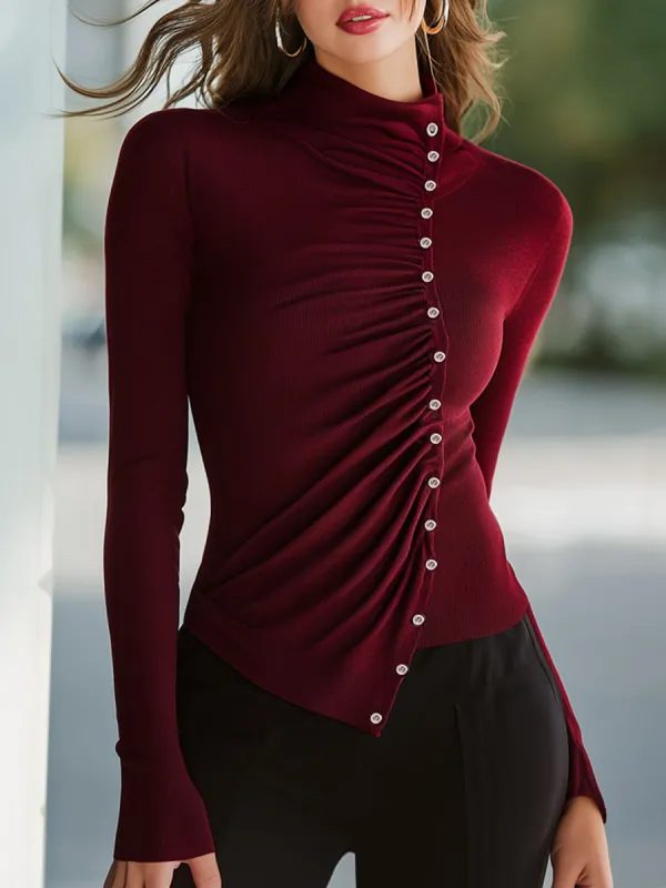 Asymmetrical Ruched Mock-Neck Decorative Buttons Sweater made by Mooyius