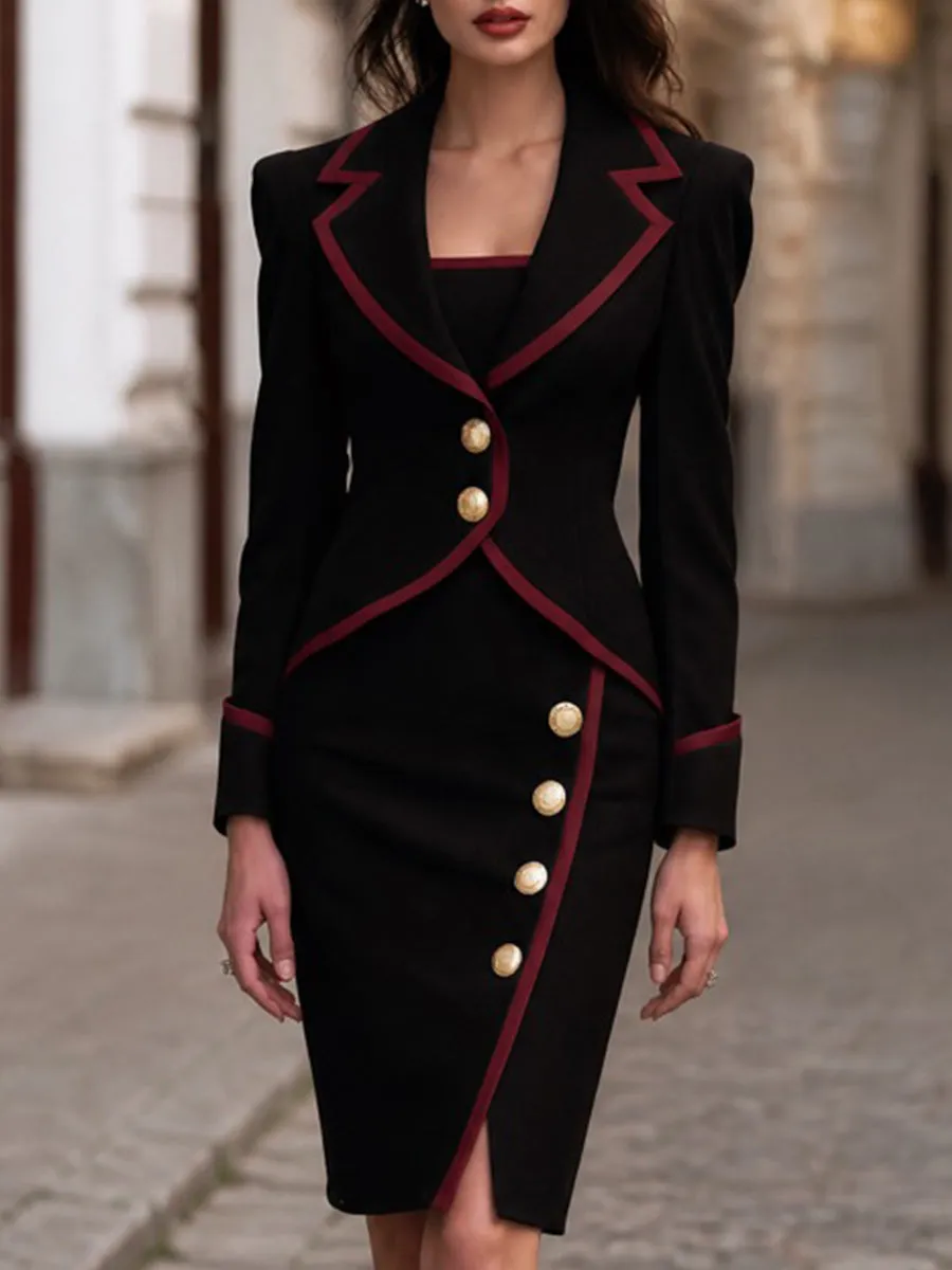 Contrast-Trim Blazer And Midi Dress Two-Piece Set sold by Mooyius