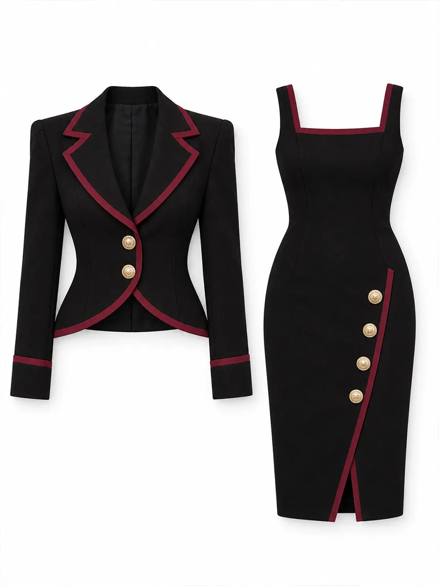 Contrast-Trim Blazer And Midi Dress Two-Piece Set sold by Mooyius product image thumbnail 2