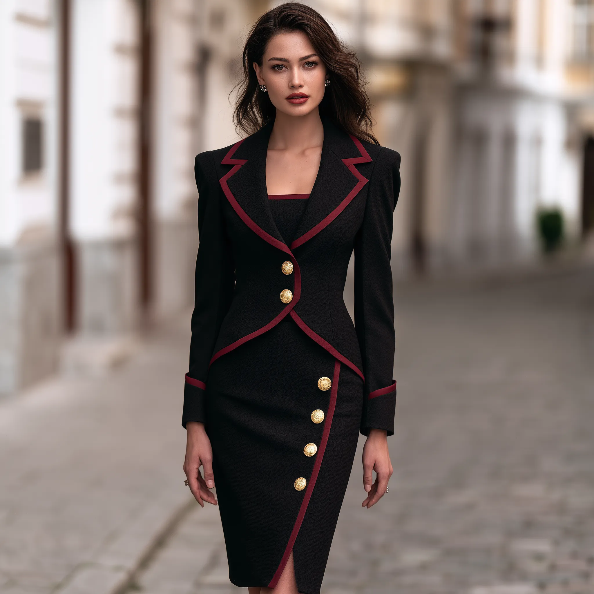 Contrast-Trim Blazer And Midi Dress Two-Piece Set sold by Mooyius product image thumbnail 3