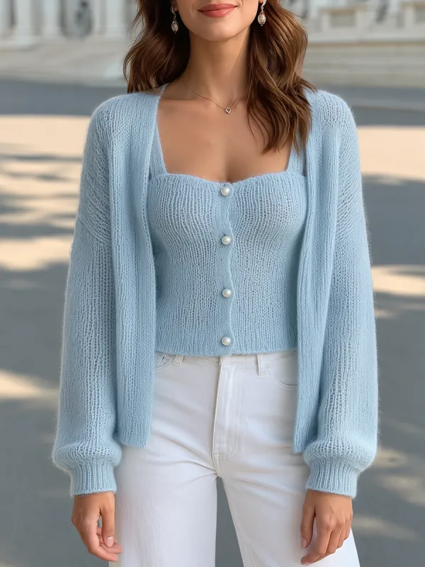 Pearl Button Knit Camisole & Cardigan Sweater Set made by Mooyius