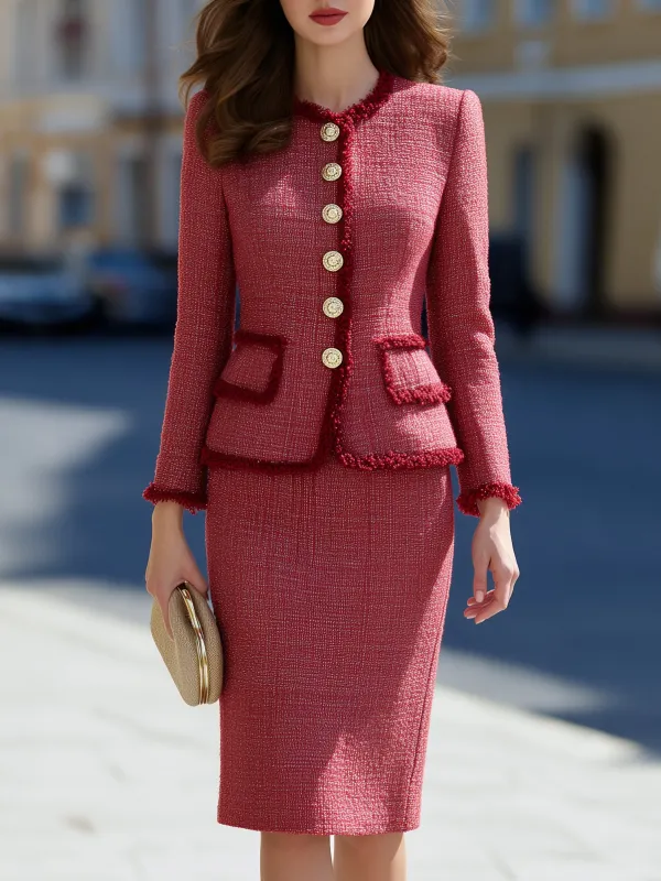 Tweed Two-Piece Suit Set Fringe Trim Jacket & Pencil Skirt made by Mooyius