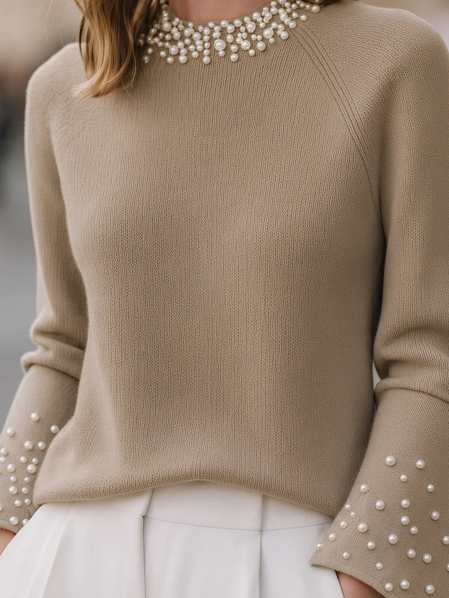 Taupe Pearl-Embellished Flared Sleeve Raglan Knit Sweater sold by Mooyius product image thumbnail 2
