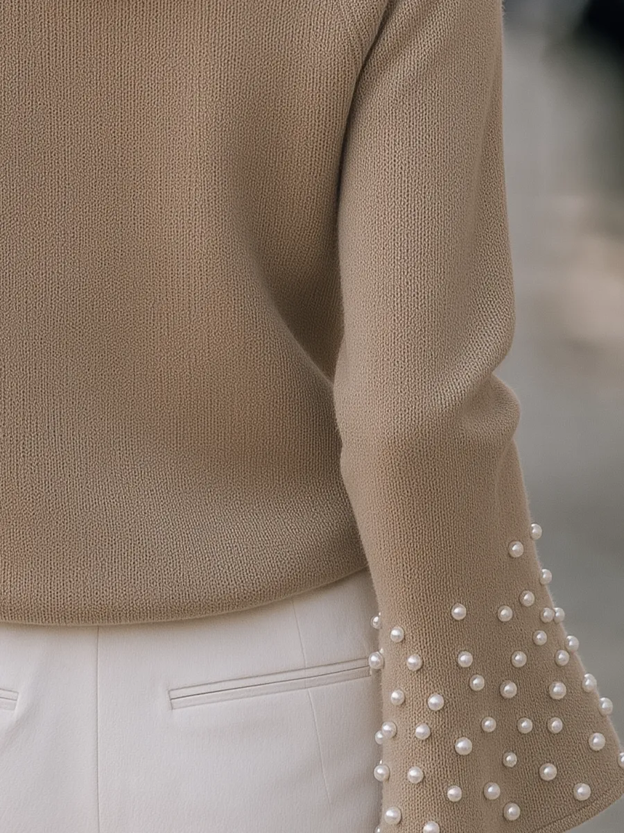 Taupe Pearl-Embellished Flared Sleeve Raglan Knit Sweater sold by Mooyius product image thumbnail 5