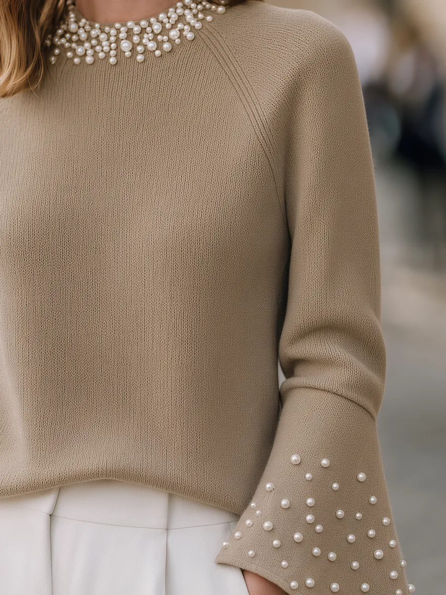 Taupe Pearl-Embellished Flared Sleeve Raglan Knit Sweater sold by Mooyius product image thumbnail 3