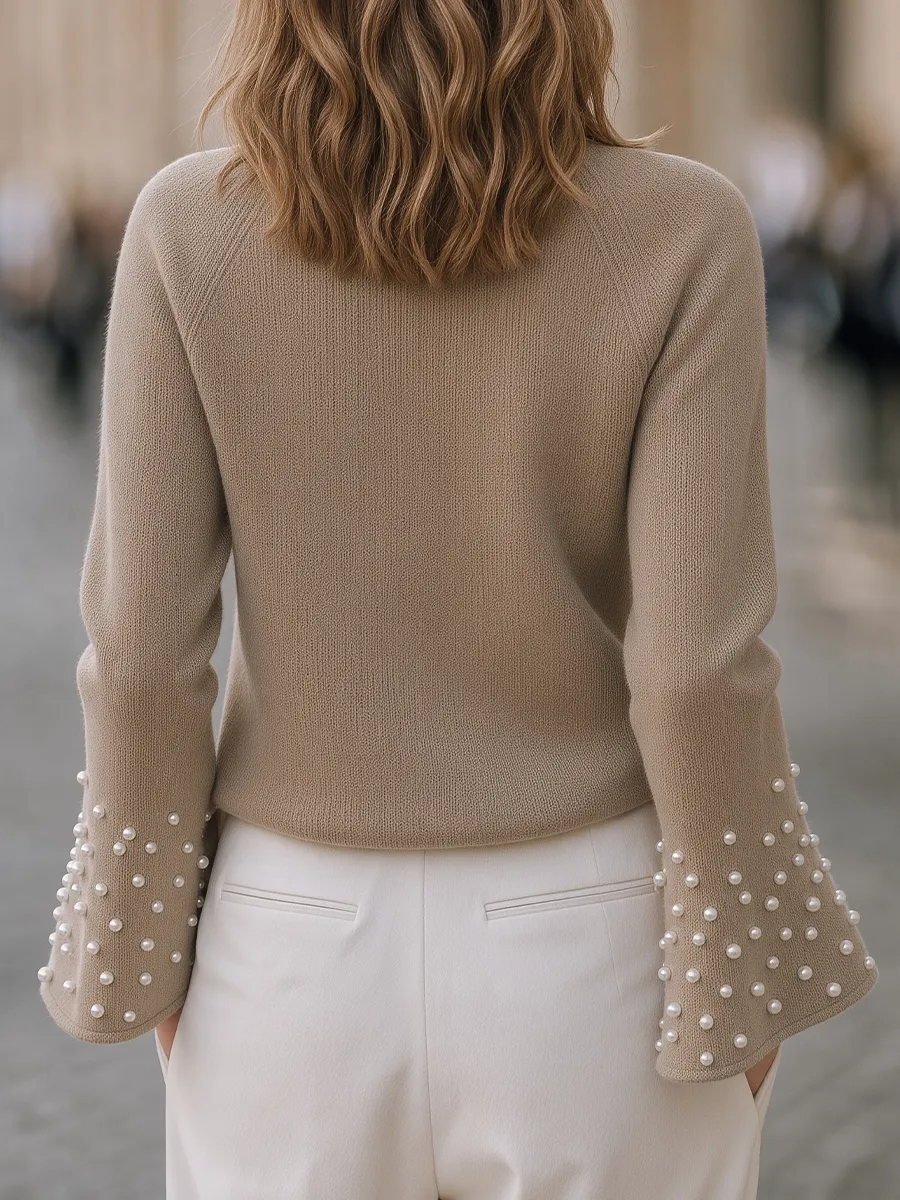 Taupe Pearl-Embellished Flared Sleeve Raglan Knit Sweater sold by Mooyius product image thumbnail 4