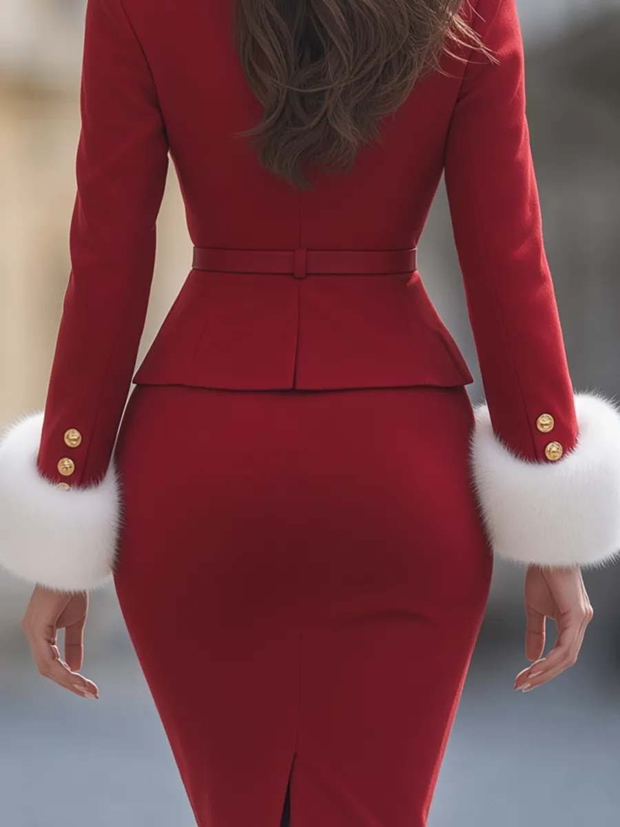 Red Faux Fur Trim Gold Button Belted Blazer & Pencil Skirt Two-Piece Set sold by Mooyius product image thumbnail 5