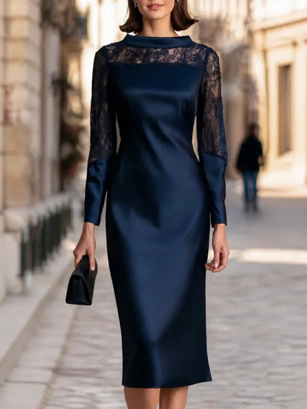 Lace Yoke Satin-Panel Sheath Midi Dress With High Neckline made by Mooyius