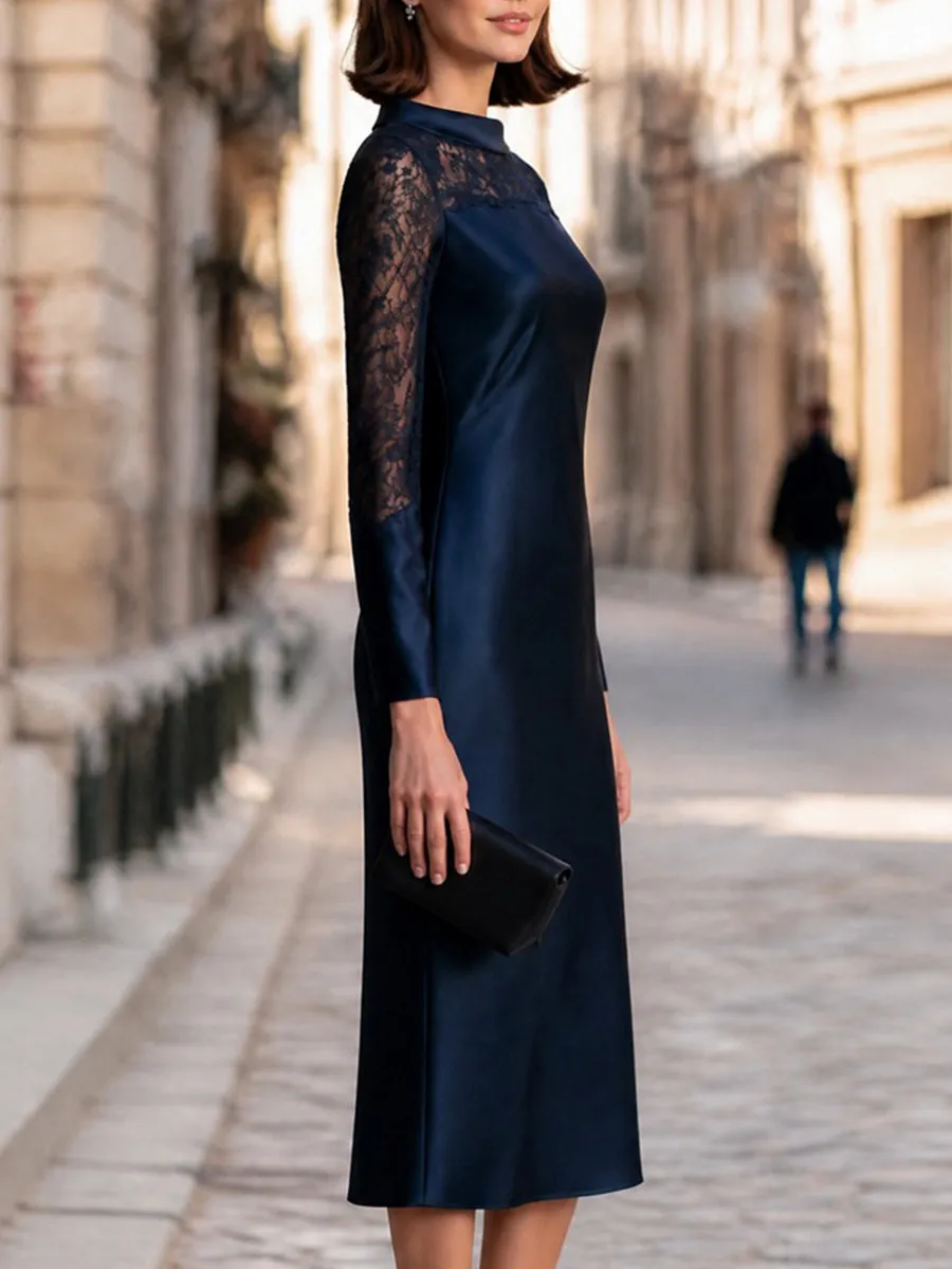 Lace Yoke Satin-Panel Sheath Midi Dress With High Neckline sold by Mooyius product image thumbnail 3