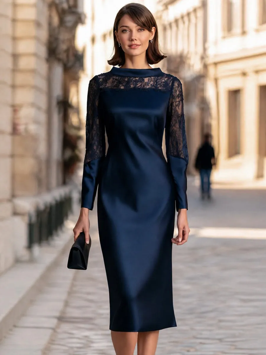 Lace Yoke Satin-Panel Sheath Midi Dress With High Neckline sold by Mooyius product image thumbnail 2