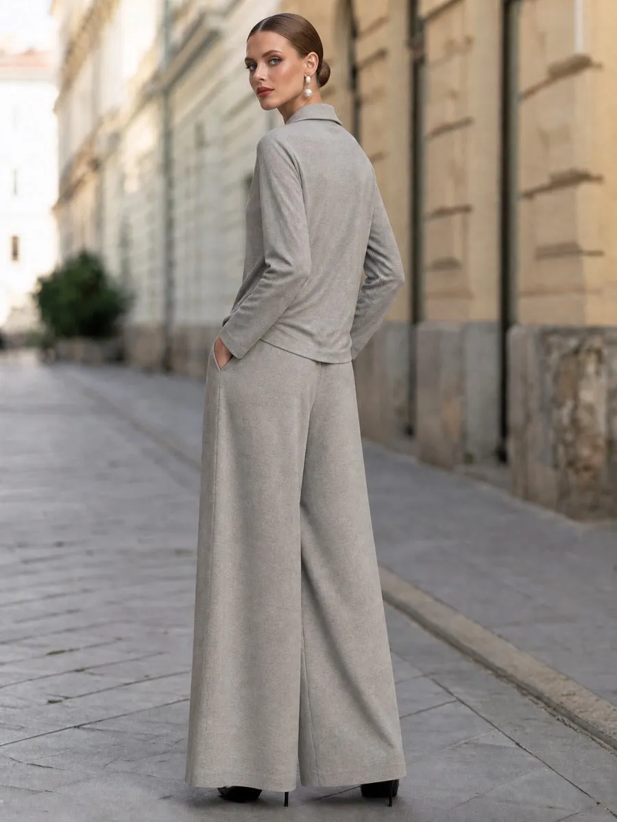 Draped-Collar Top And Wide-Leg Pants Two-Piece Set sold by Mooyius product image thumbnail 4