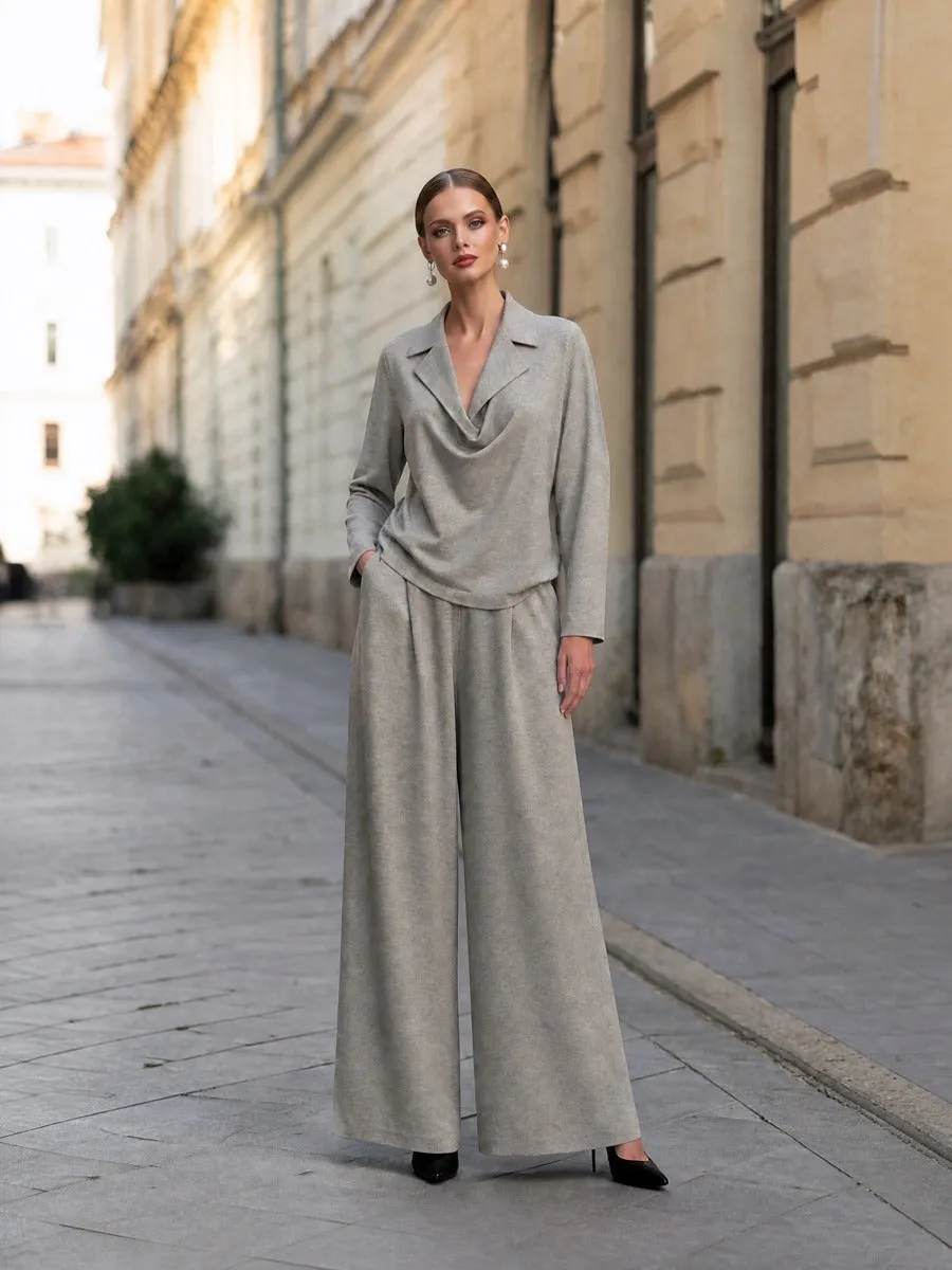 Draped-Collar Top And Wide-Leg Pants Two-Piece Set sold by Mooyius product image thumbnail 3