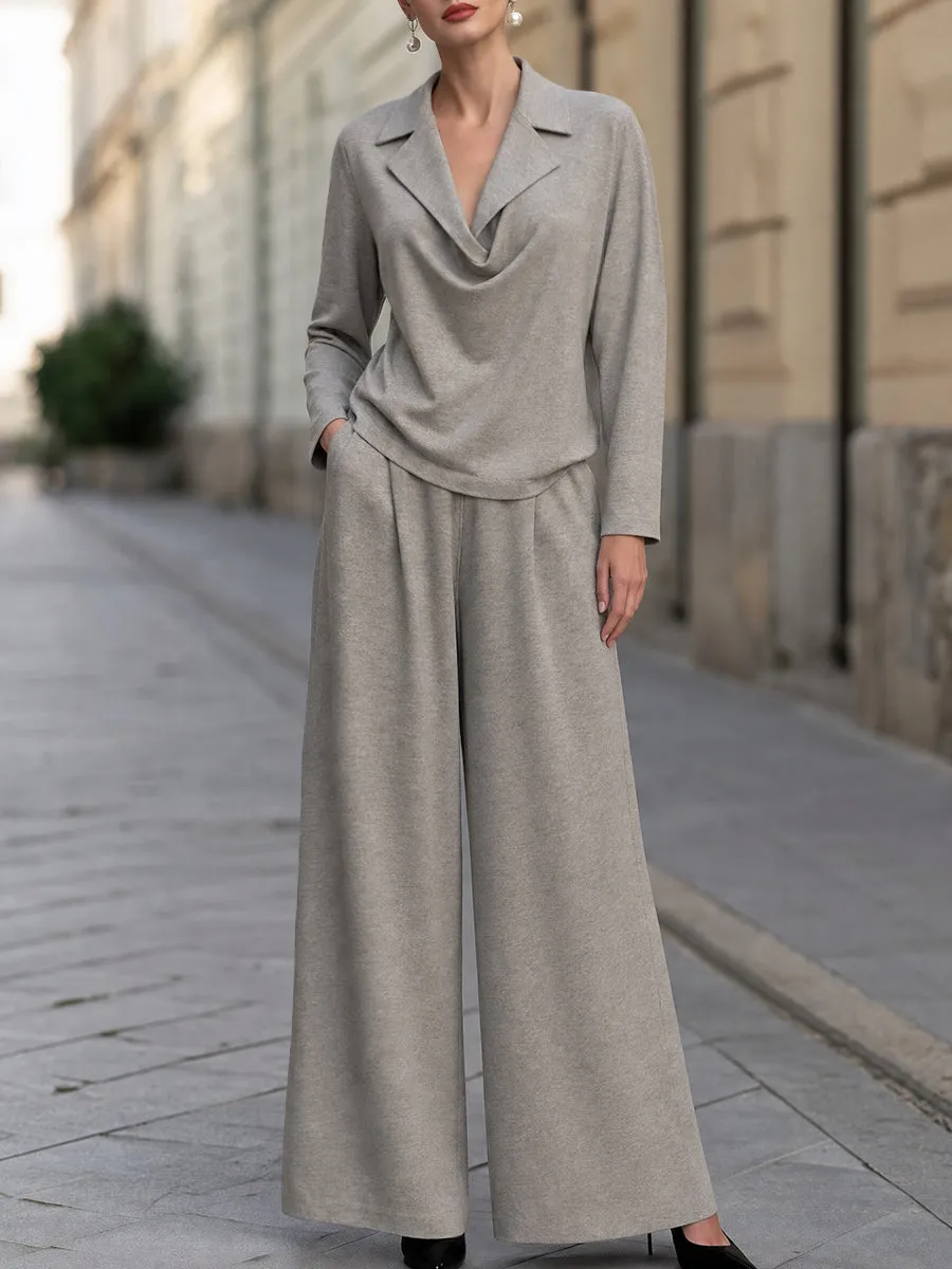 Draped-Collar Top And Wide-Leg Pants Two-Piece Set sold by Mooyius