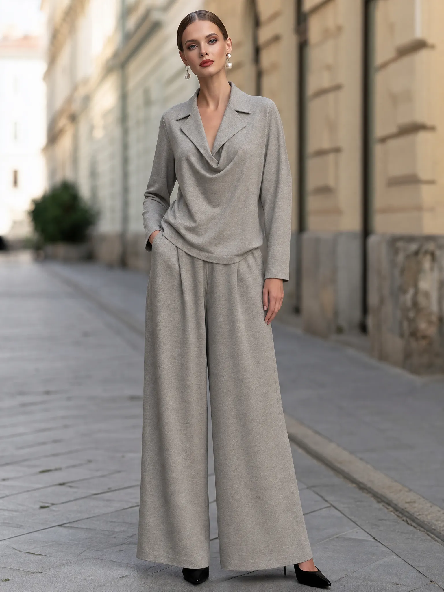 Draped-Collar Top And Wide-Leg Pants Two-Piece Set sold by Mooyius product image thumbnail 2