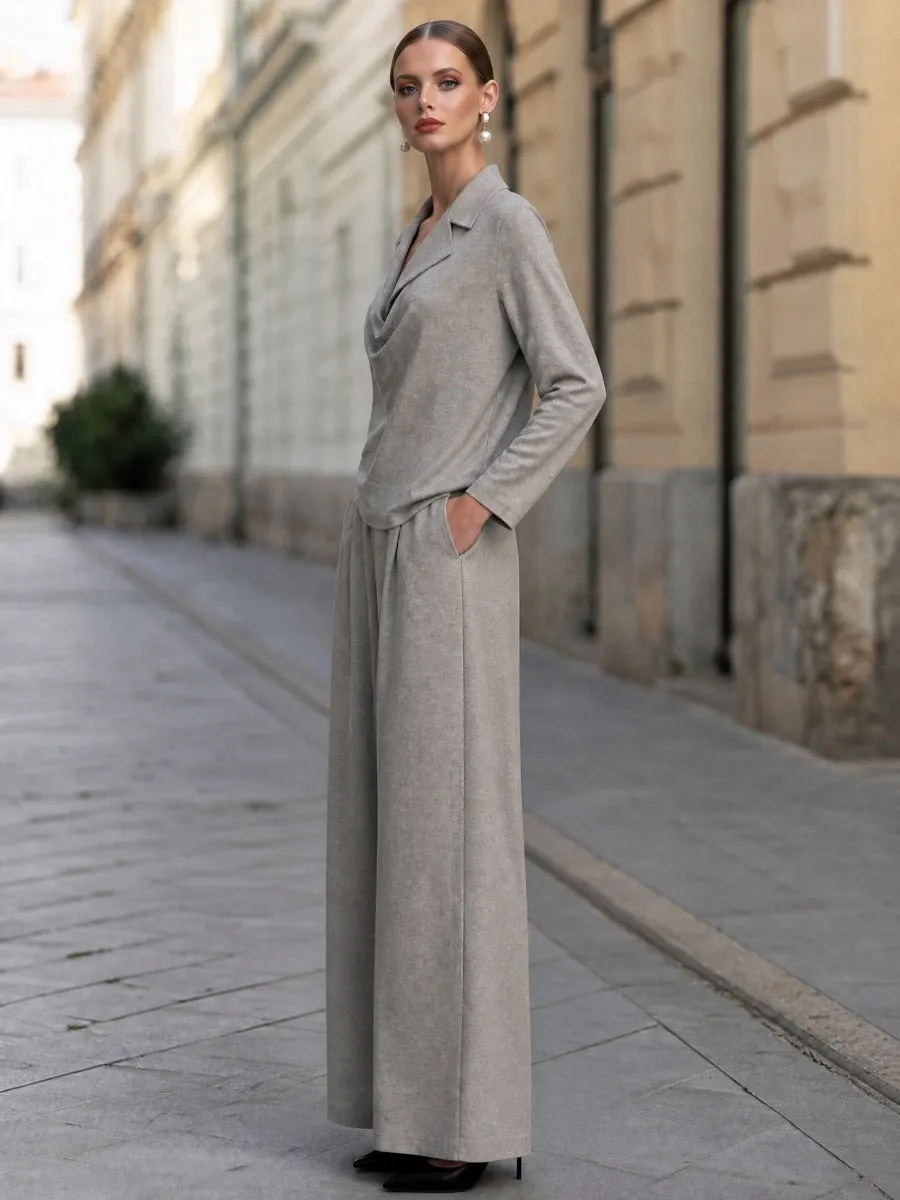 Draped-Collar Top And Wide-Leg Pants Two-Piece Set sold by Mooyius product image thumbnail 5