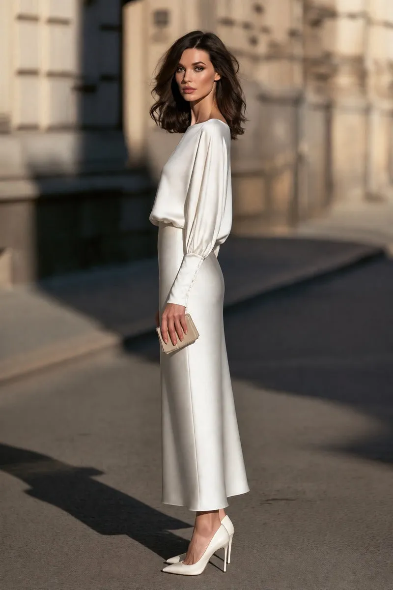 Boat-Neck Blouson Sleeve Satin Maxi Dress sold by Mooyius product image thumbnail 4
