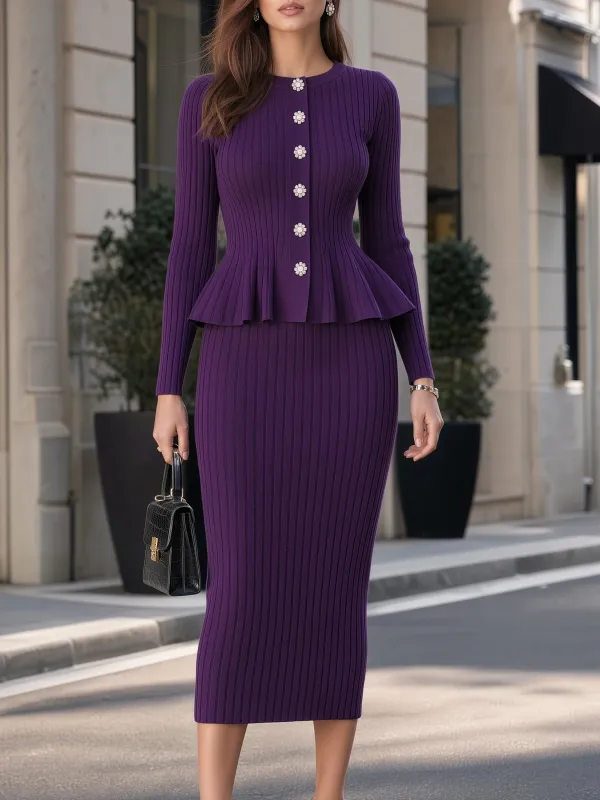 Crystal Button Ribbed Knit Peplum Top & Midi Skirt Tailored Set made by Mooyius