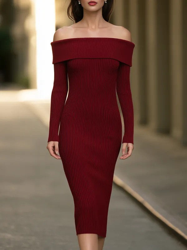 Fold-Over Off-Shoulder Ribbed Knit Midi Dress made by Mooyius