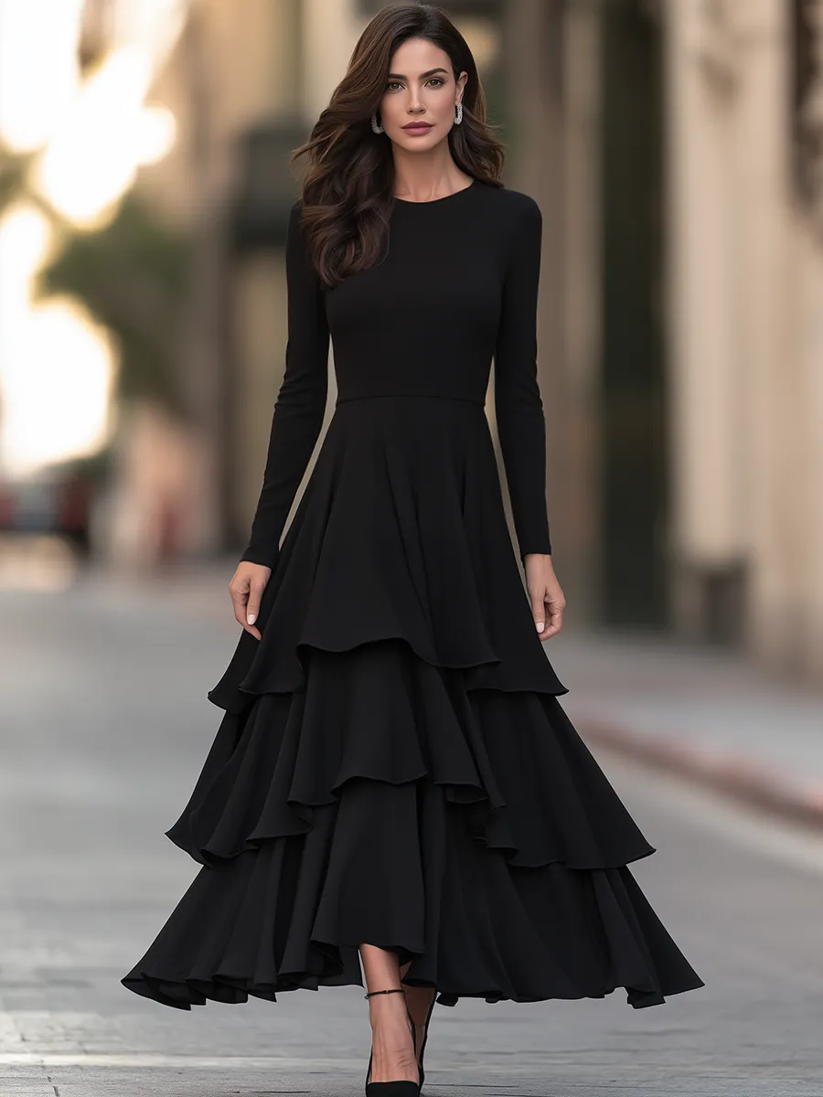 Round-Neck Tiered Ruffle Fit-and-Flare Maxi Dress sold by Mooyius product image thumbnail 2