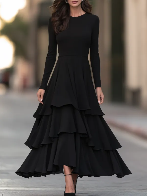 Round-Neck Tiered Ruffle Fit-and-Flare Maxi Dress made by Mooyius