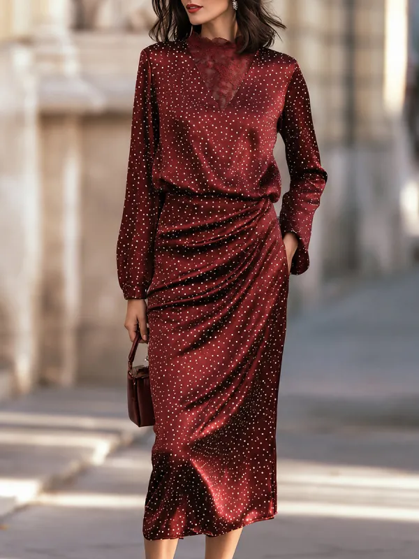 Lace-Trimmed V-Neck Ruched Midi Dress made by Mooyius