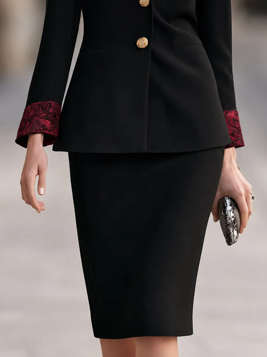 Elegant Rose Jacquard Collar And Cuffs Blazer Pencil Skirt Set sold by Mooyius product image thumbnail 4