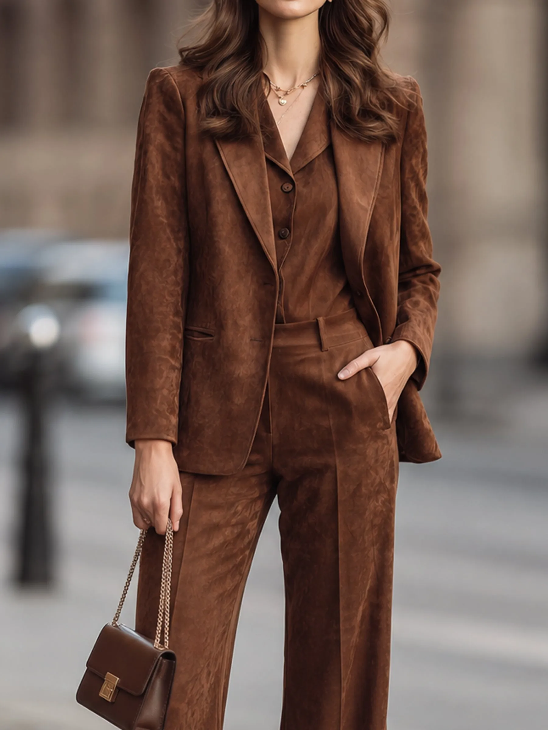 Suede Tailored Blazer & Wide-Leg Trouser Set sold by Mooyius product image thumbnail 4