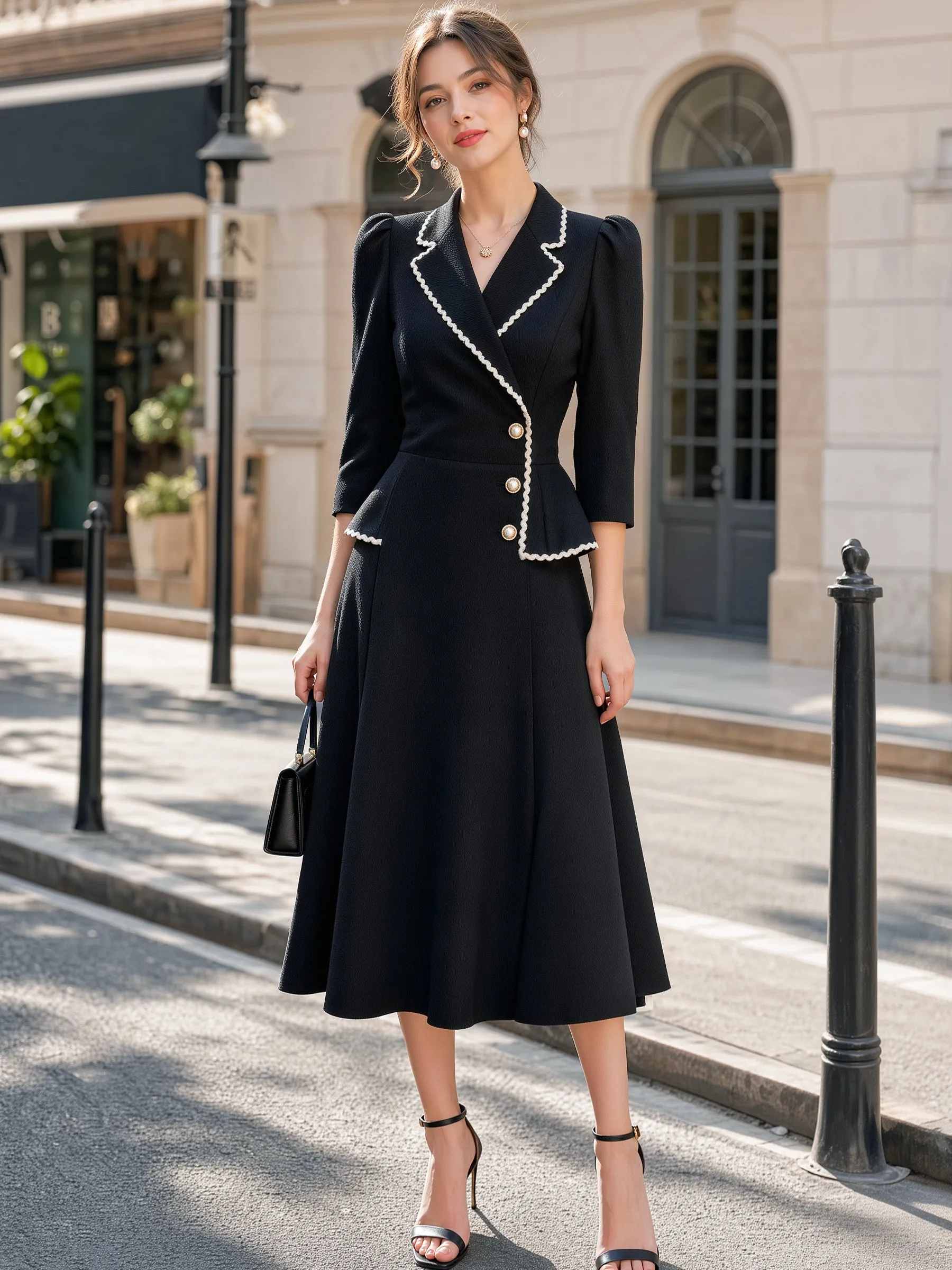 Scallop Trim Peplum Lapel Midi Dress sold by Mooyius product image thumbnail 2