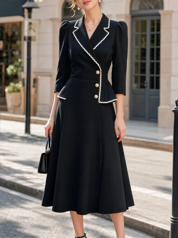 Scallop Trim Peplum Lapel Midi Dress made by Mooyius