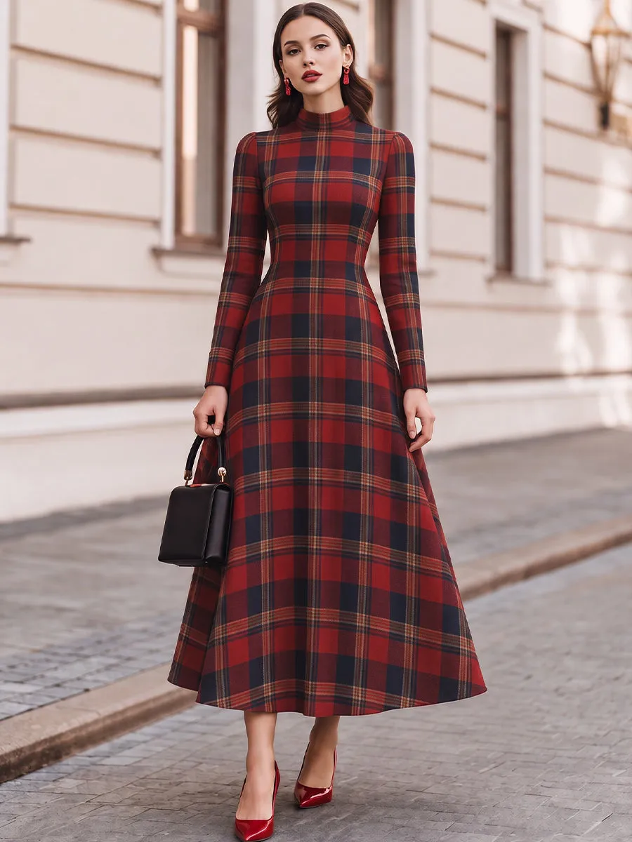 High Neck Tartan Plaid Long Sleeve Fit And Flare Maxi Dress sold by Mooyius product image thumbnail 2