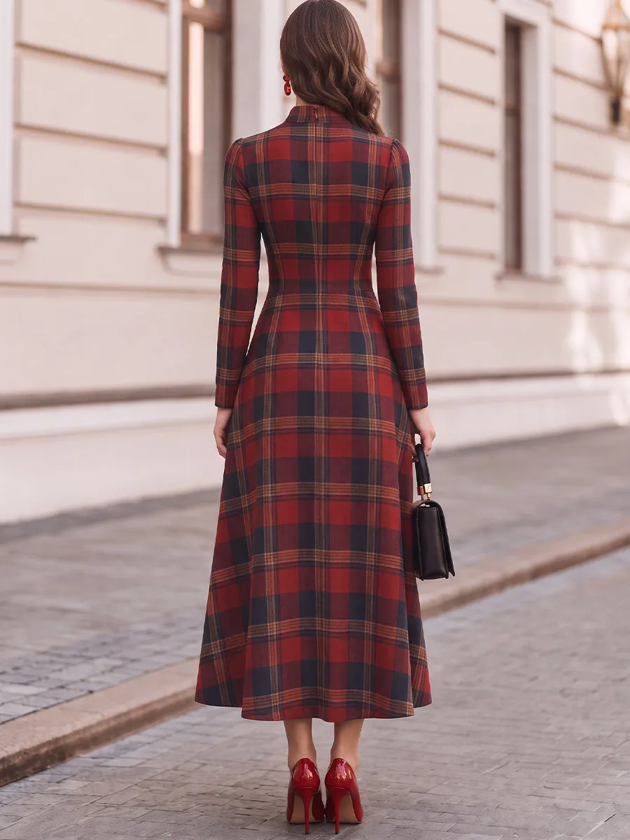 High Neck Tartan Plaid Long Sleeve Fit And Flare Maxi Dress sold by Mooyius product image thumbnail 3