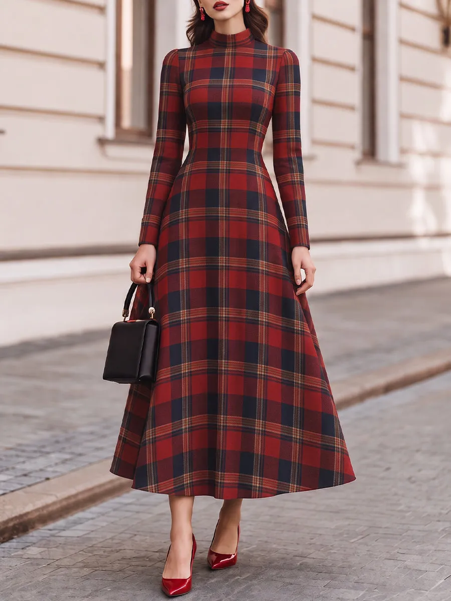 High Neck Tartan Plaid Long Sleeve Fit And Flare Maxi Dress sold by Mooyius
