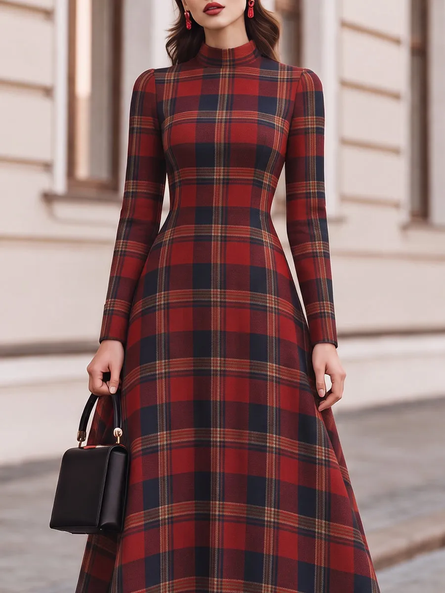 High Neck Tartan Plaid Long Sleeve Fit And Flare Maxi Dress sold by Mooyius product image thumbnail 4